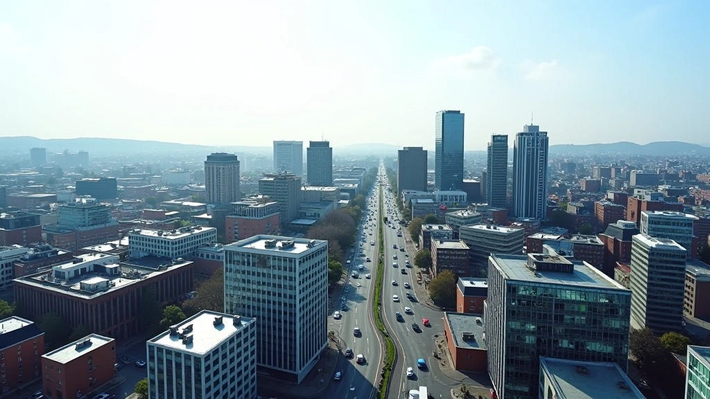 Aerial view of Dublin's business district with modern office buildings and European Union flag on a government building