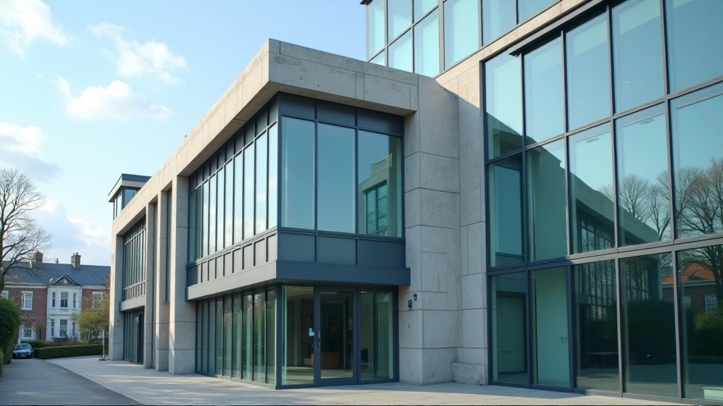 Bank building exterior with modern architecture and secure entrance doors