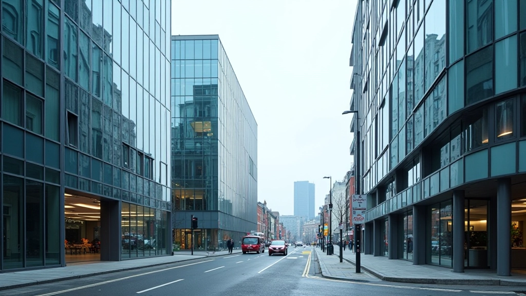 Diverse sectors of Irish economy including technology, pharmaceuticals, finance, and services represented visually