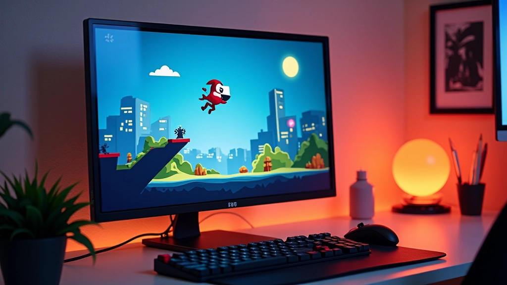 Arvutimonitoril näha mängu prototiip, kus tegelane hüppab takistuste kohal