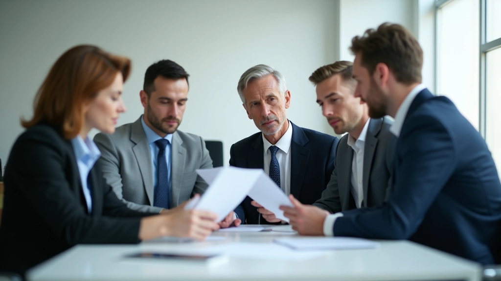 Diverse group of professionals in modern office setting reviewing documents and charts related to European trade and commerce