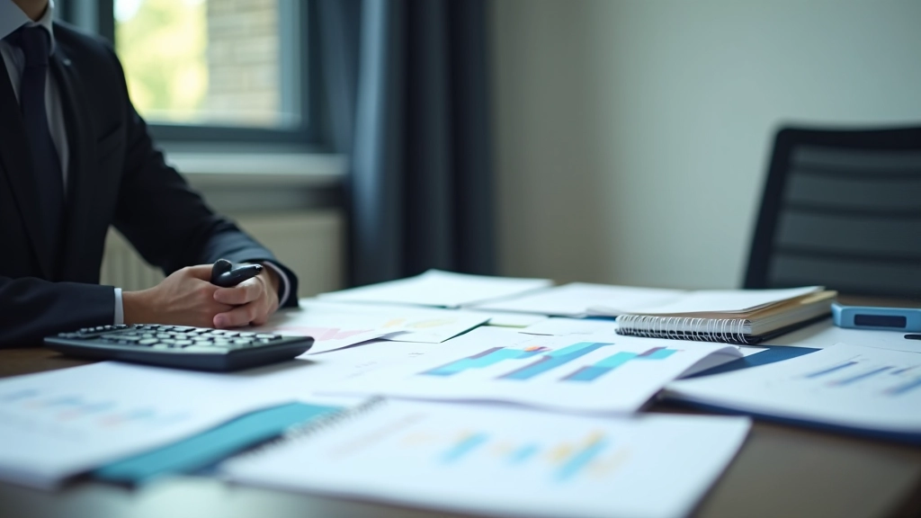 Professional workspace with economic data, charts, and research materials on desk