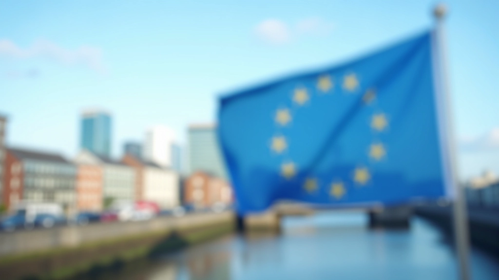 EU flag displayed in front of Dublin city skyline with modern buildings
