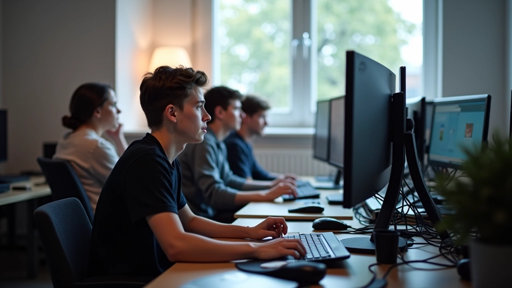 Noorte mängudisaini töötuba, kus noorukid töötavad arvutiga ja loovad mängu