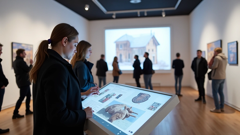 Interaktiivne diginäitus muuseumis, kus külastajad uurivad käega juhitavat ekraani