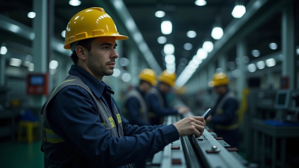 Industrial manufacturing facility with modern equipment and workers in safety gear operating precision machinery in a clean production environment