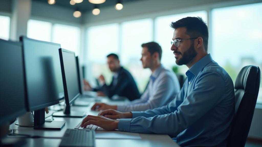 Modern office workspace with multiple computer monitors and employees collaborating on tech projects in a bright startup environment