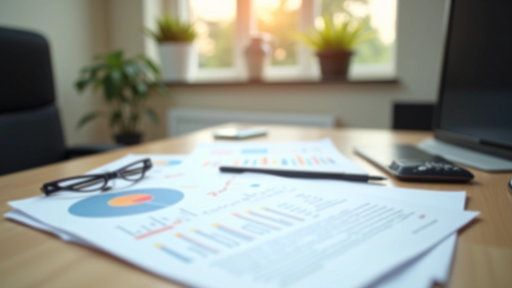 Modern office desk with economic charts and financial reports spread across it